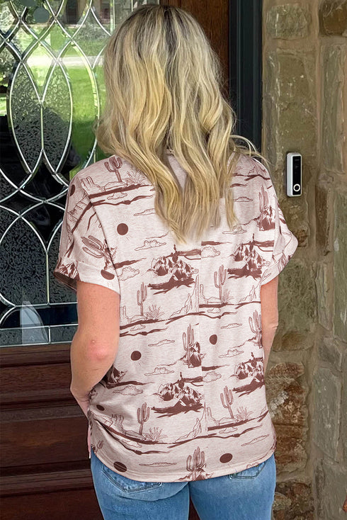 Western Print Short Sleeve Soft Stretch Knit Top
