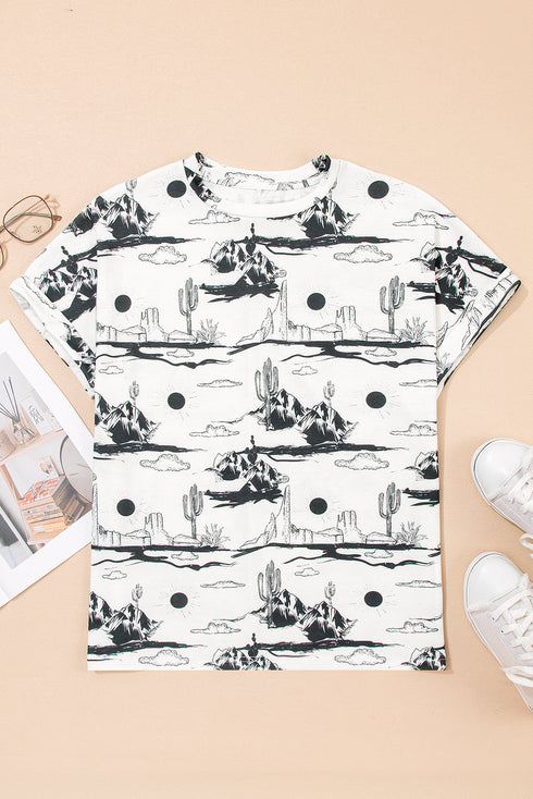 Western Print Short Sleeve Soft Stretch Knit Top