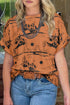 Western Print Short Sleeve Soft Stretch Knit Top