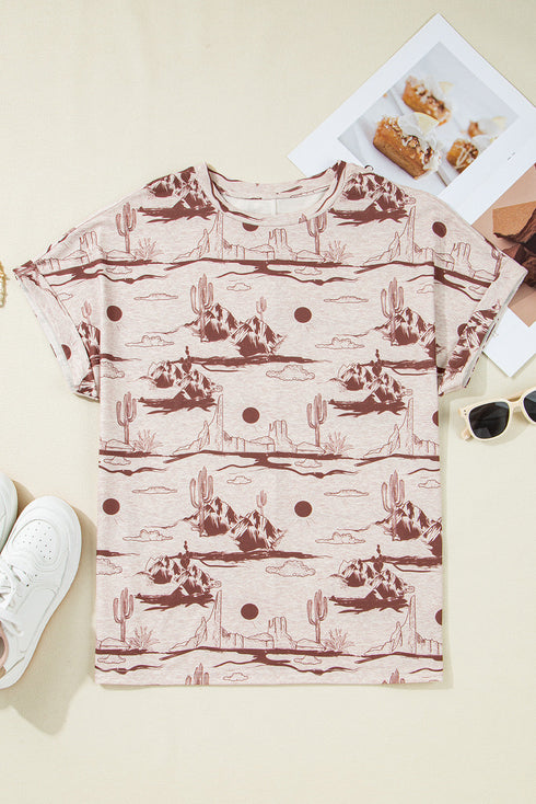 Western Print Short Sleeve Soft Stretch Knit Top