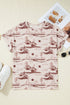 Western Print Short Sleeve Soft Stretch Knit Top