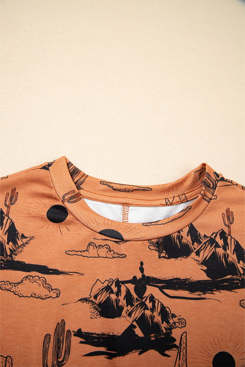 Western Print Short Sleeve Soft Stretch Knit Top