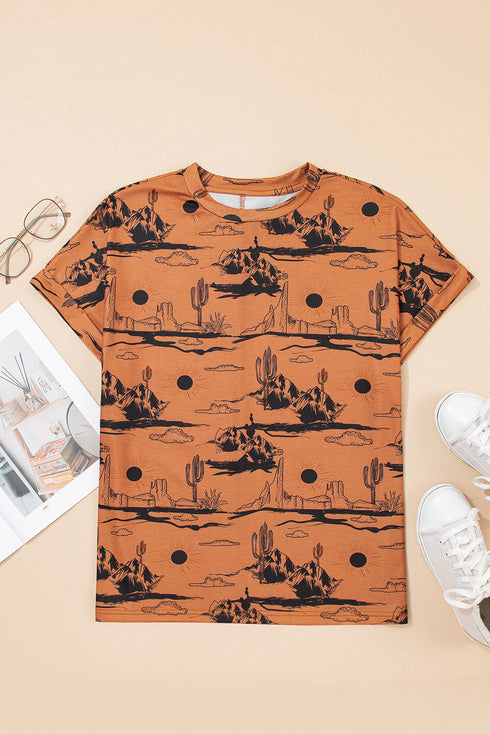 Western Print Short Sleeve Soft Stretch Knit Top