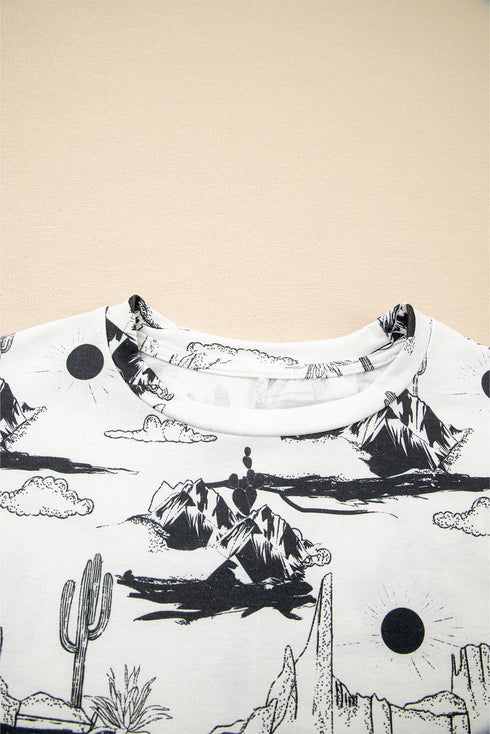 Western Print Short Sleeve Soft Stretch Knit Top