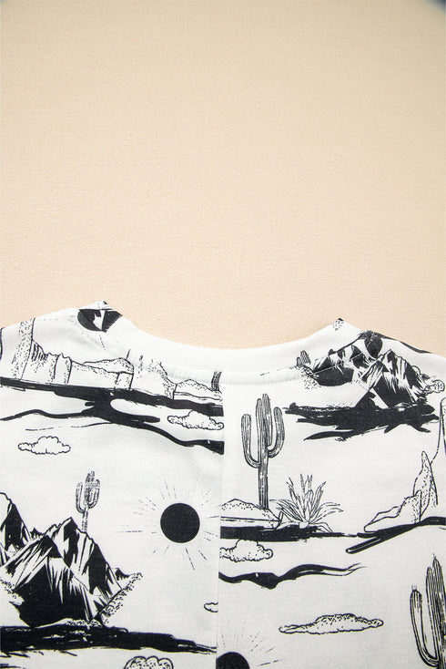 Western Print Short Sleeve Soft Stretch Knit Top
