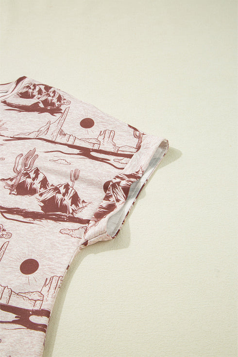 Western Print Short Sleeve Soft Stretch Knit Top