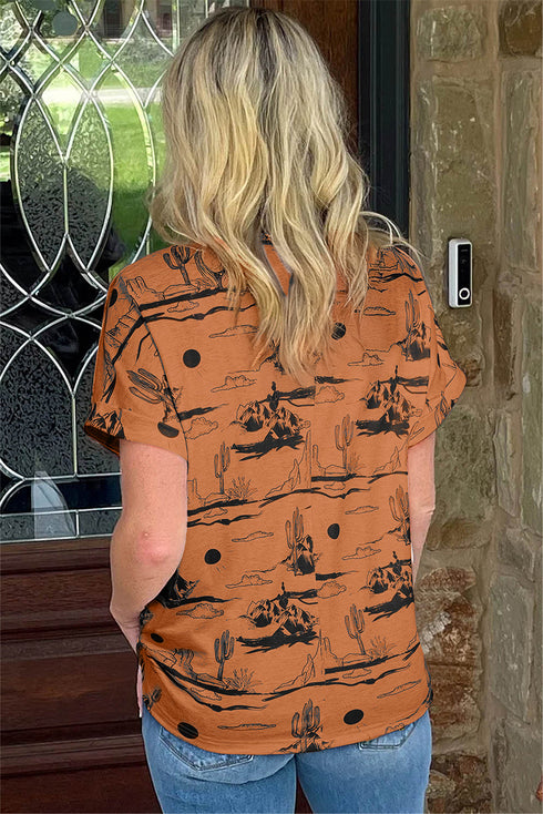 Western Print Short Sleeve Soft Stretch Knit Top