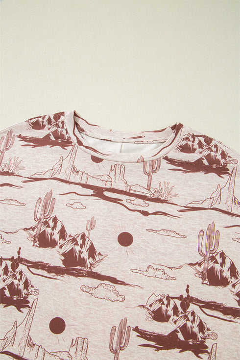 Western Print Short Sleeve Soft Stretch Knit Top