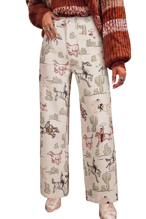 Western Print Straight Leg Ankle Length Pocketed Jeans