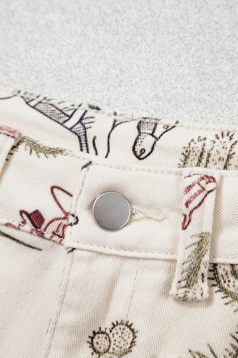Western Print Straight Leg Ankle Length Pocketed Jeans