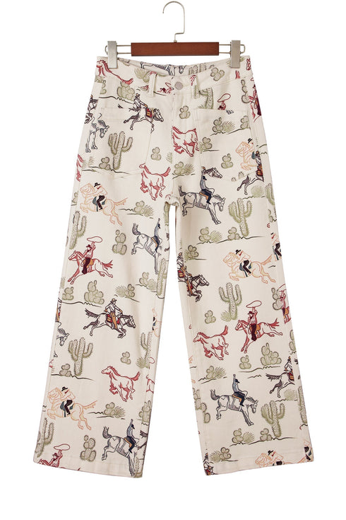 Western Print Straight Leg Ankle Length Pocketed Jeans
