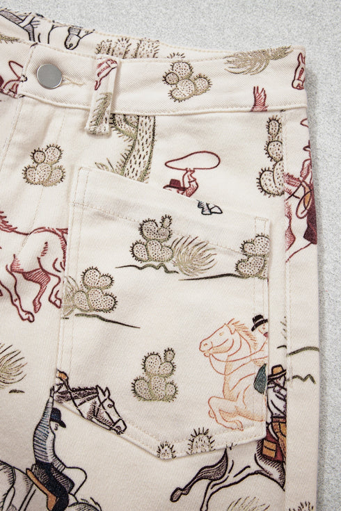 Western Print Straight Leg Ankle Length Pocketed Jeans