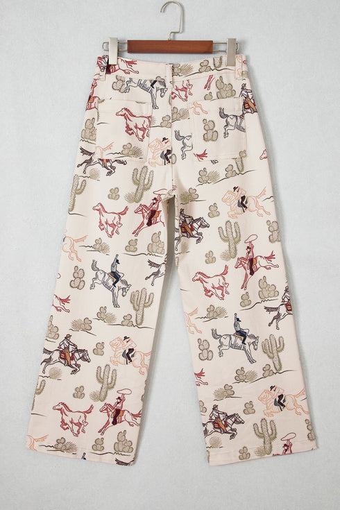 Western Print Straight Leg Ankle Length Pocketed Jeans