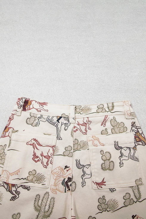 Western Print Straight Leg Ankle Length Pocketed Jeans