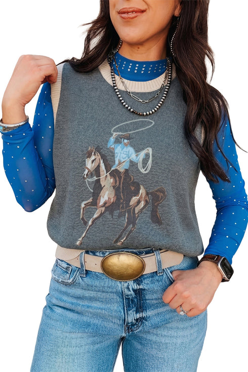 Western Print Trim Sleeveless Knit Cotton Sweater Vest