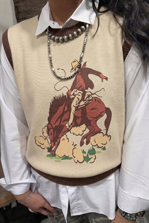 Western Print Trim Sleeveless Knit Cotton Sweater Vest