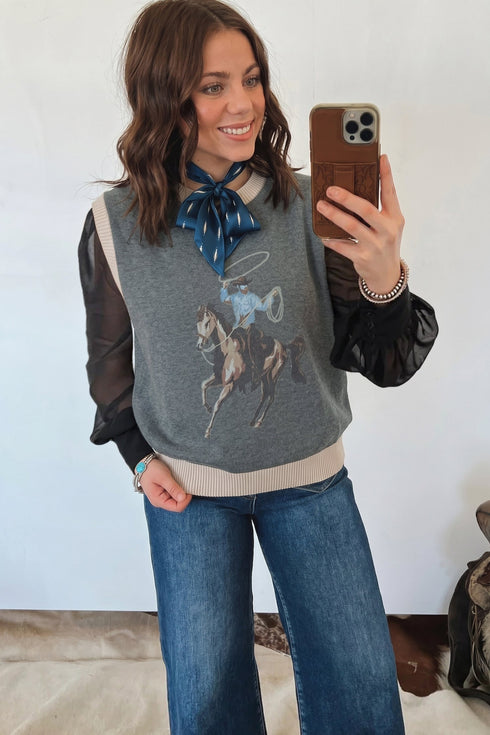 Western Print Trim Sleeveless Knit Cotton Sweater Vest