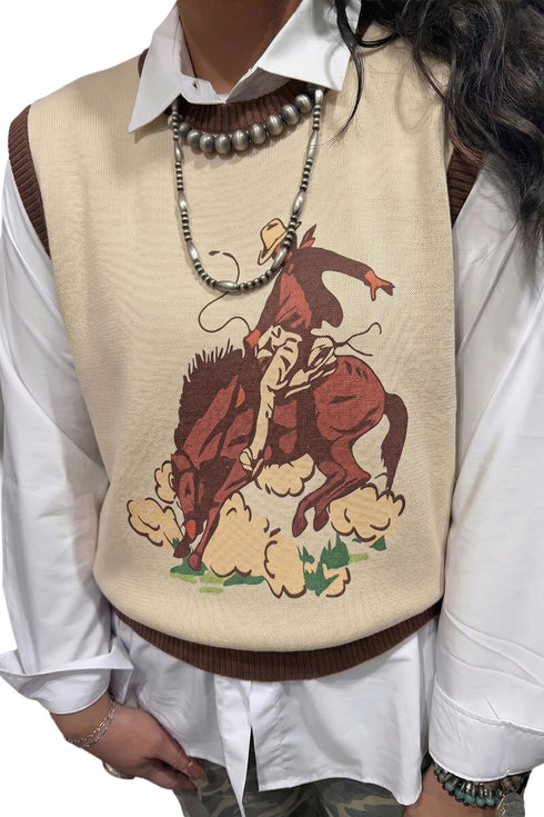 Western Print Trim Sleeveless Knit Cotton Sweater Vest