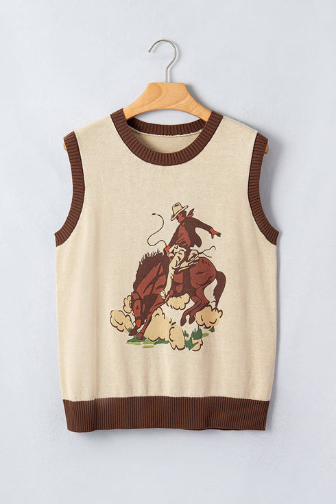 Western Print Trim Sleeveless Knit Cotton Sweater Vest