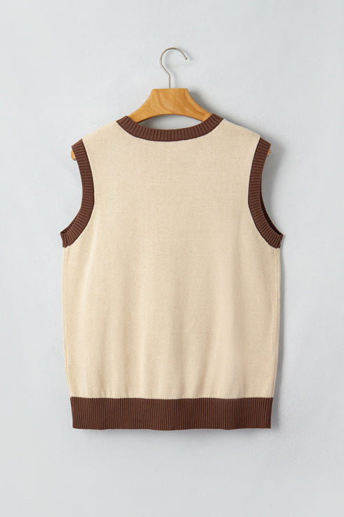 Western Print Trim Sleeveless Knit Cotton Sweater Vest