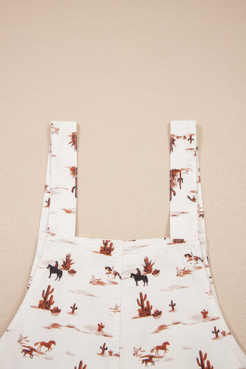 Western Printed Adjustable Strap Wide Leg Denim Jumpsuit
