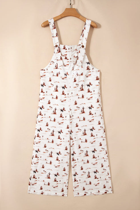 Western Printed Adjustable Strap Wide Leg Denim Jumpsuit