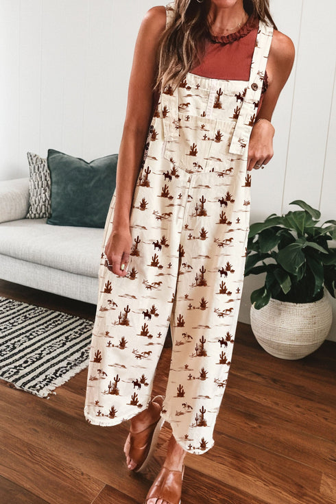 Western Printed Adjustable Strap Wide Leg Denim Jumpsuit