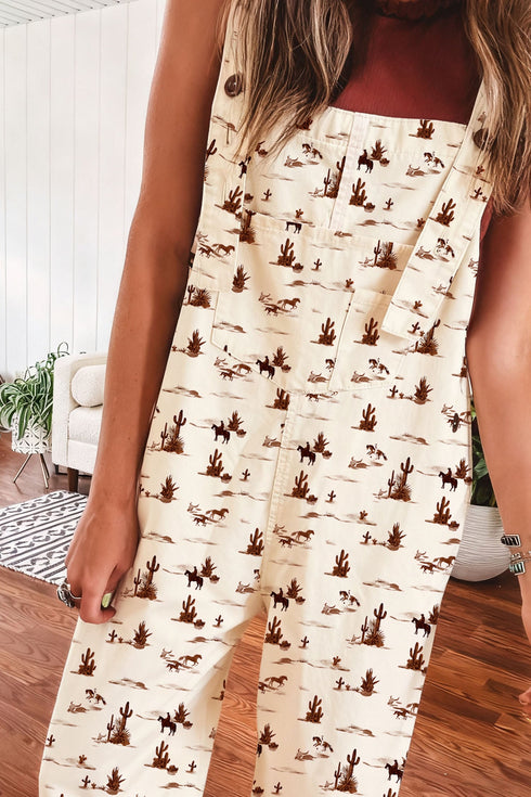 Western Printed Adjustable Strap Wide Leg Denim Jumpsuit