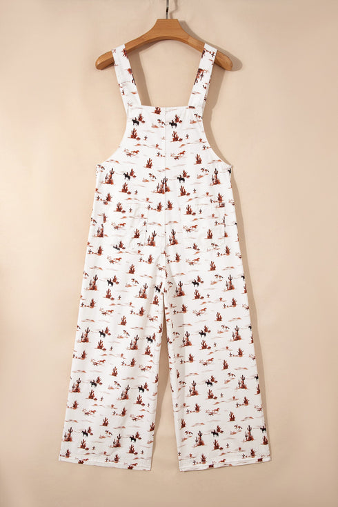 Western Printed Adjustable Strap Wide Leg Denim Jumpsuit