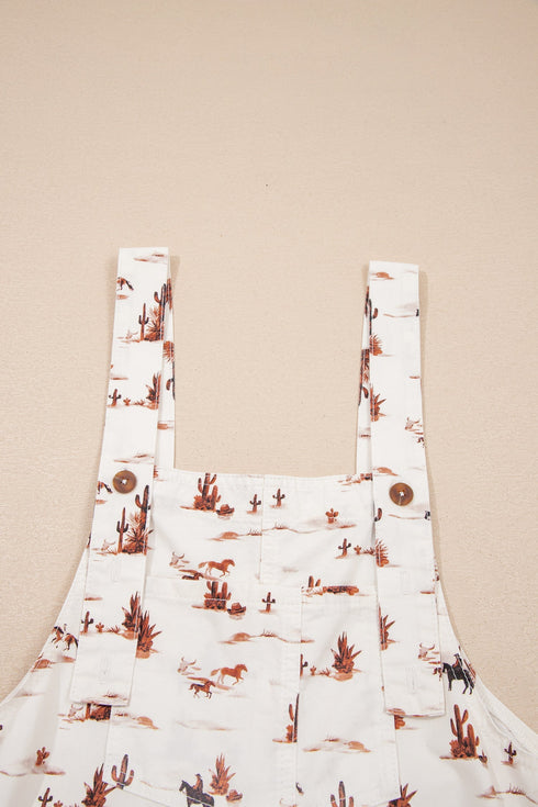 Western Printed Adjustable Strap Wide Leg Denim Jumpsuit