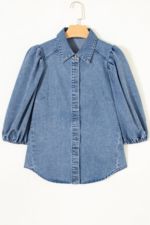 Western Puff Half Sleeve Collared Denim Shirt