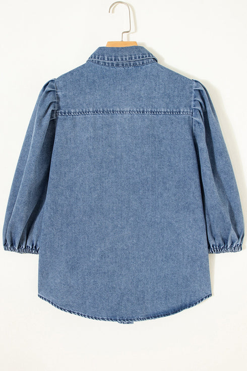 Western Puff Half Sleeve Collared Denim Shirt