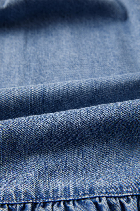 Western Puff Sleeve V Neck Ruffled Denim Mini Dress