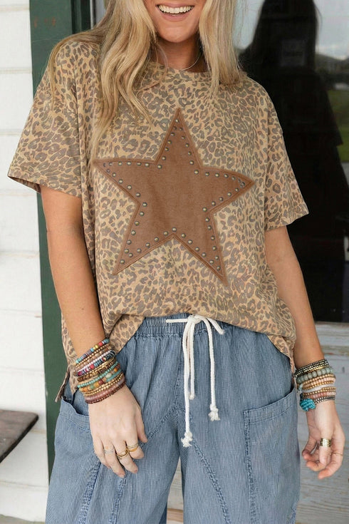 Western Retro Leopard Star Patch Studded Loose Tee