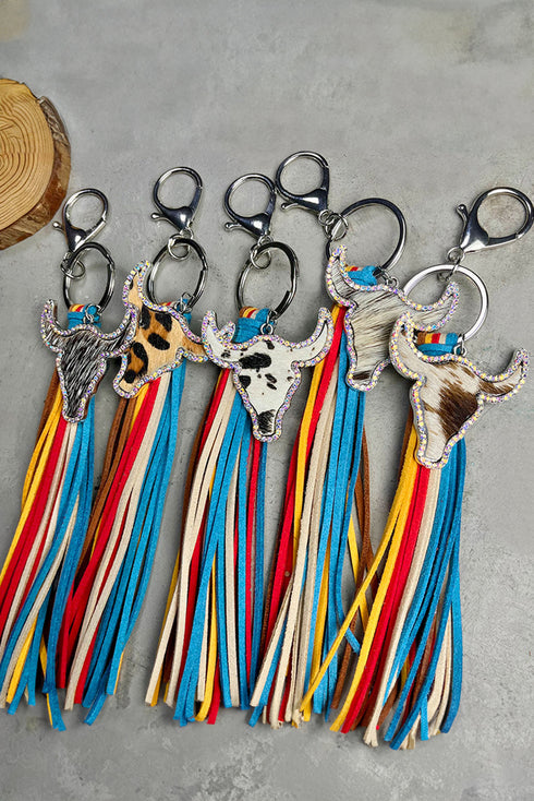 Western Rhinestone Steer Head Tassel Key Ring