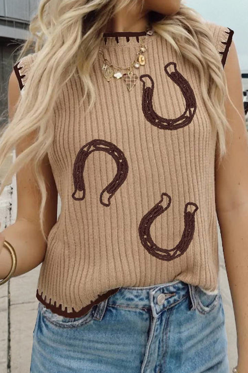 Western Ribbed Knit Contrast Trim Round Neck Sweater Vest
