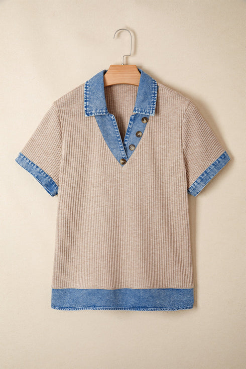 Western Ribbed Knit Denim Patchwork Collared Blouse