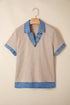 Western Ribbed Knit Denim Patchwork Collared Blouse