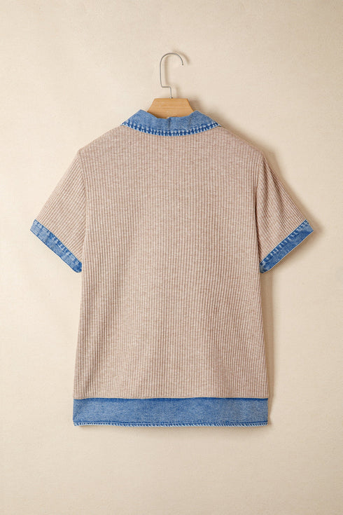 Western Ribbed Knit Denim Patchwork Collared Blouse