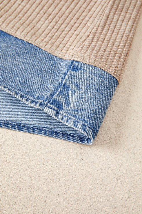 Western Ribbed Knit Denim Patchwork Collared Blouse