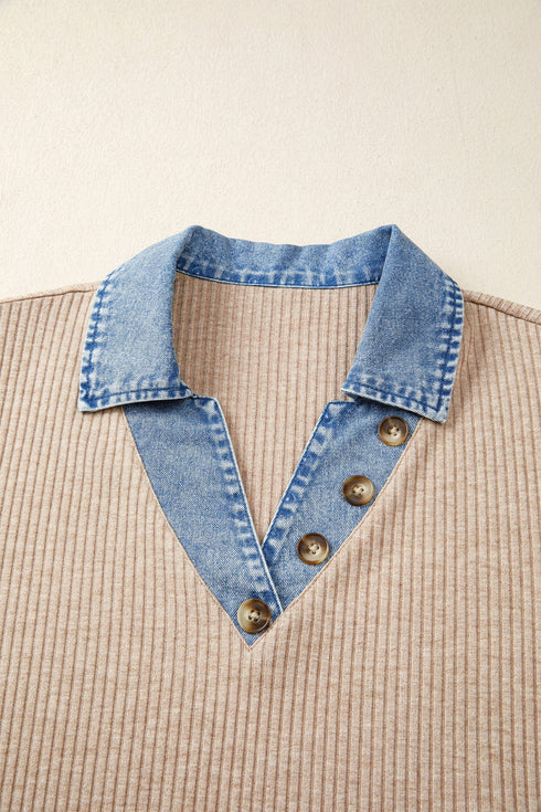 Western Ribbed Knit Denim Patchwork Collared Blouse