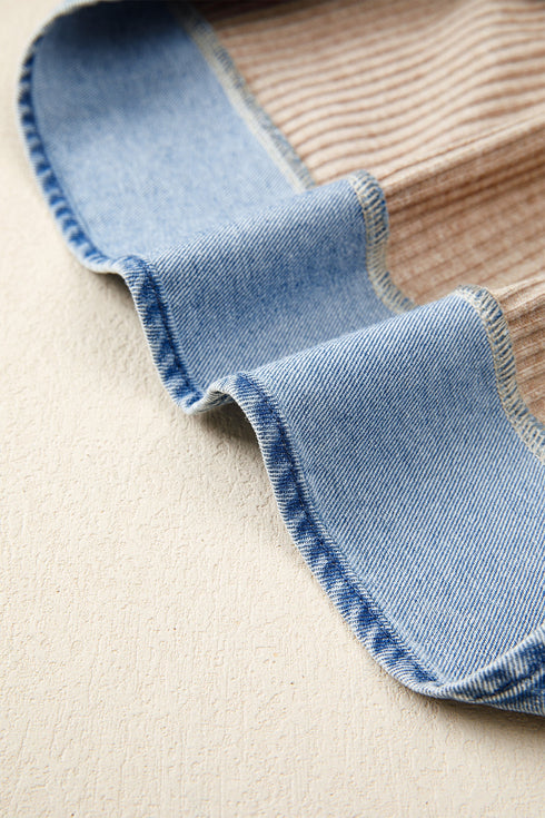 Western Ribbed Knit Denim Patchwork Collared Blouse