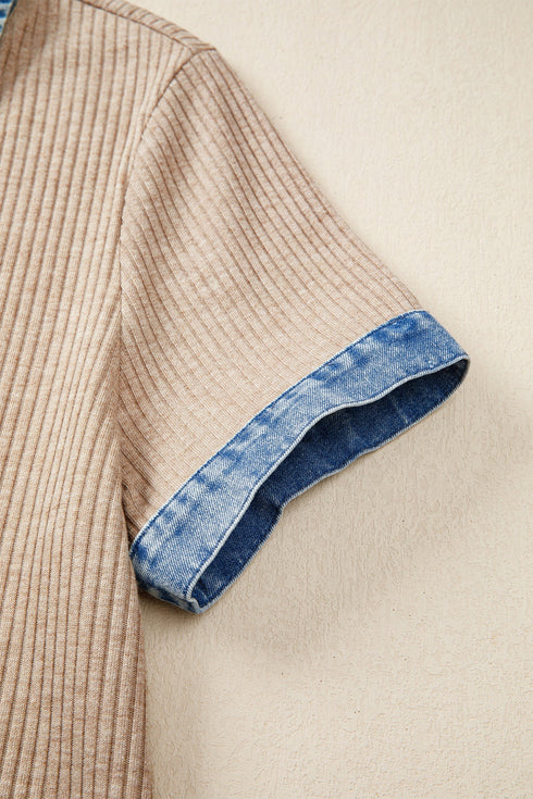 Western Ribbed Knit Denim Patchwork Collared Blouse