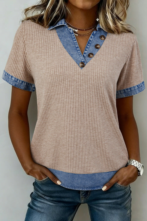 Western Ribbed Knit Denim Patchwork Collared Blouse