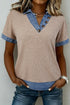 Western Ribbed Knit Denim Patchwork Collared Blouse