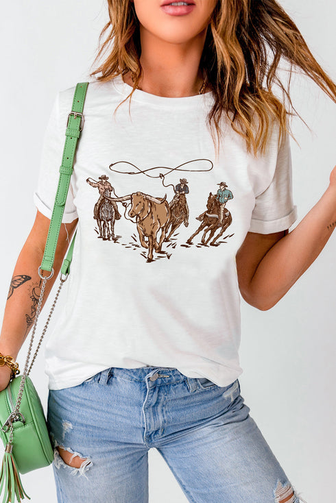 Western Rodeo Cowboy Roping Graphic Short Sleeve Tee