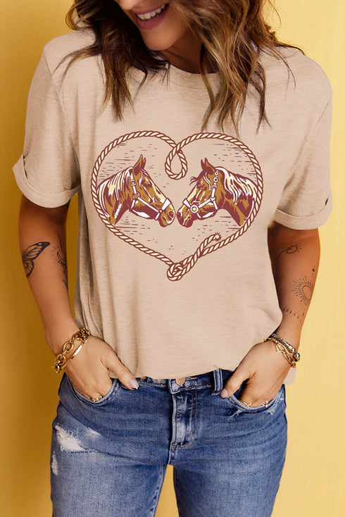 Western Rodeo Horses Rope Heart Graphic Short Sleeve Cowgirl Tee