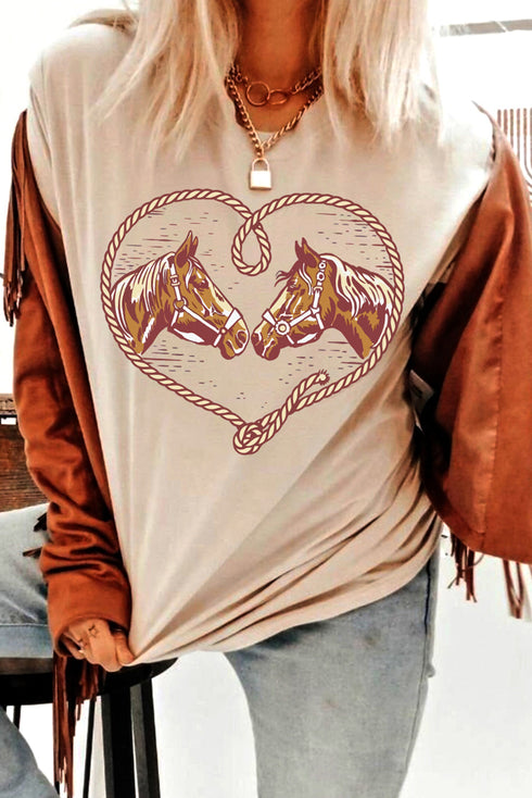 Western Rodeo Horses Rope Heart Graphic Short Sleeve Cowgirl Tee