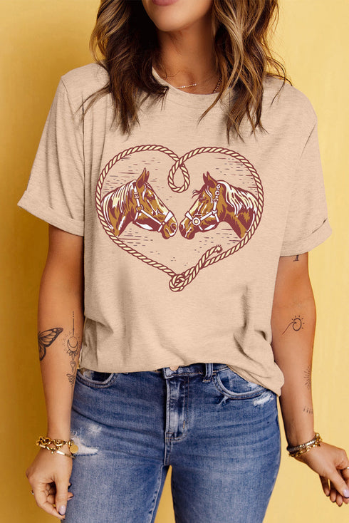 Western Rodeo Horses Rope Heart Graphic Short Sleeve Cowgirl Tee