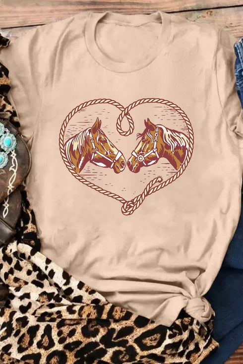 Western Rodeo Horses Rope Heart Graphic Short Sleeve Cowgirl Tee